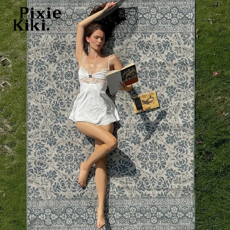 PixieKiki White Lace Satin Slip Dress 2026 Woman Summer Clothes Sexy Spaghetti Strap Backless Mini Dresses P94-CH22