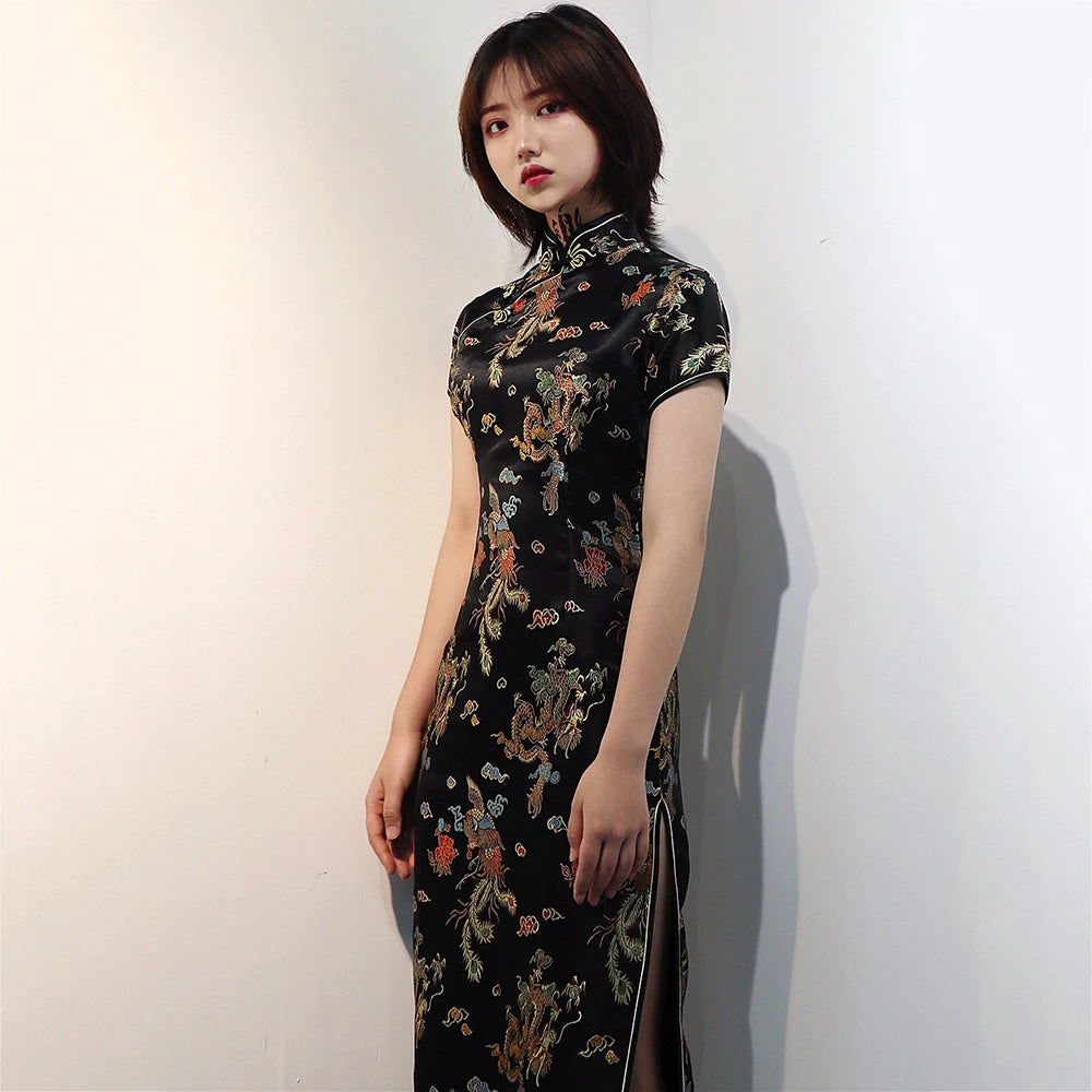 Feng Dragon-and-Phoenix Satin Qipao Maxi Dress