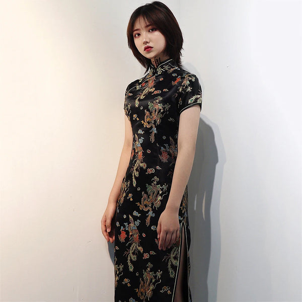 Feng Dragon-and-Phoenix Satin Qipao Maxi Dress