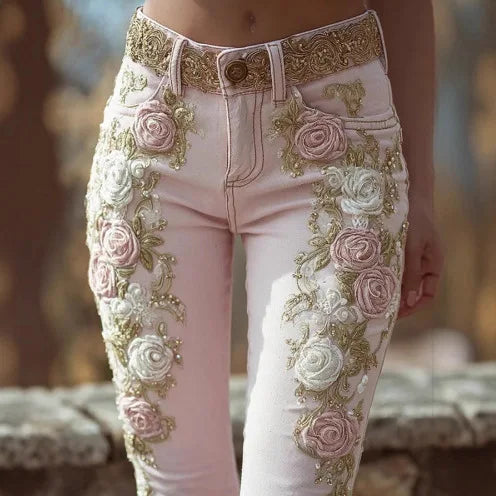 Florence Rose-Embroidered Beaded Denim Pants