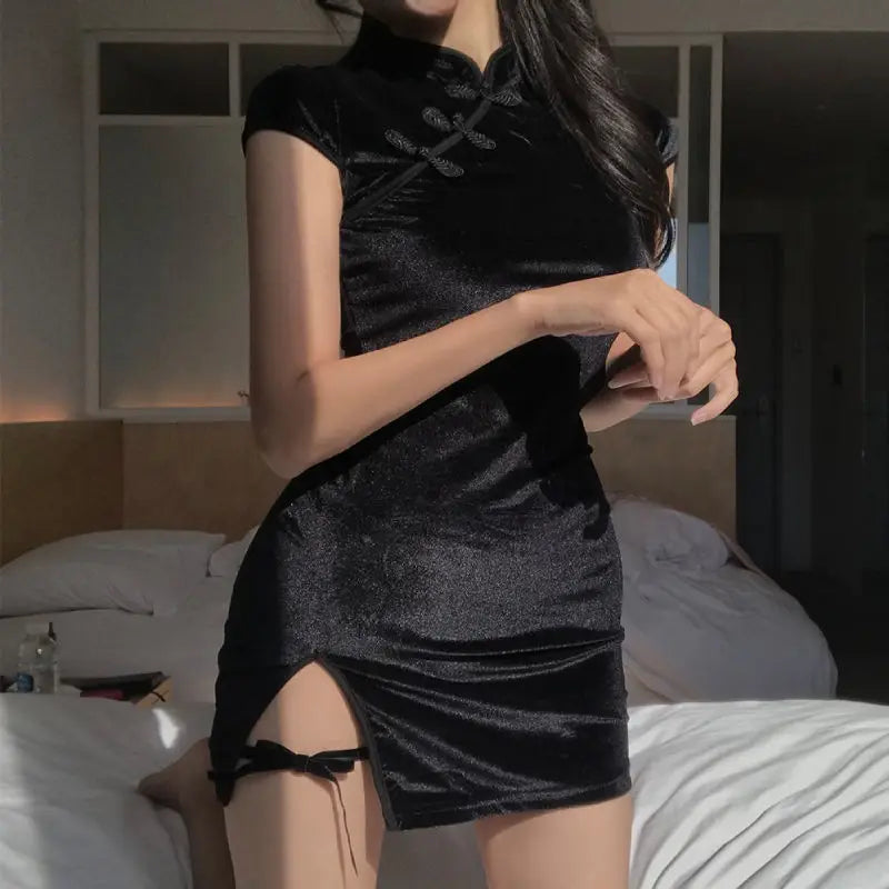 Maribel Black Button-Front High-Neck Mini Dress