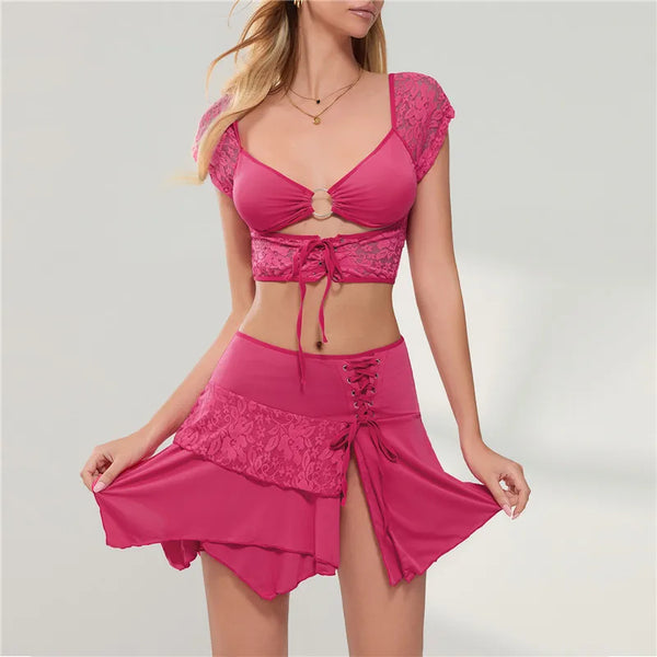hirigin Women Lace Patchwork Skirt Sets 2Pcs Suit Bandage Sexy Metal Ring Cami Tops + Asymmetric Ruched Mini Short Skirt Outfits