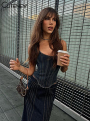 Cutenew Women's Blue Denim Corset Halter Top Cotton Patchwork Wrap Adjustable Zipper Undershirt Suspender Vest Female Streetwear