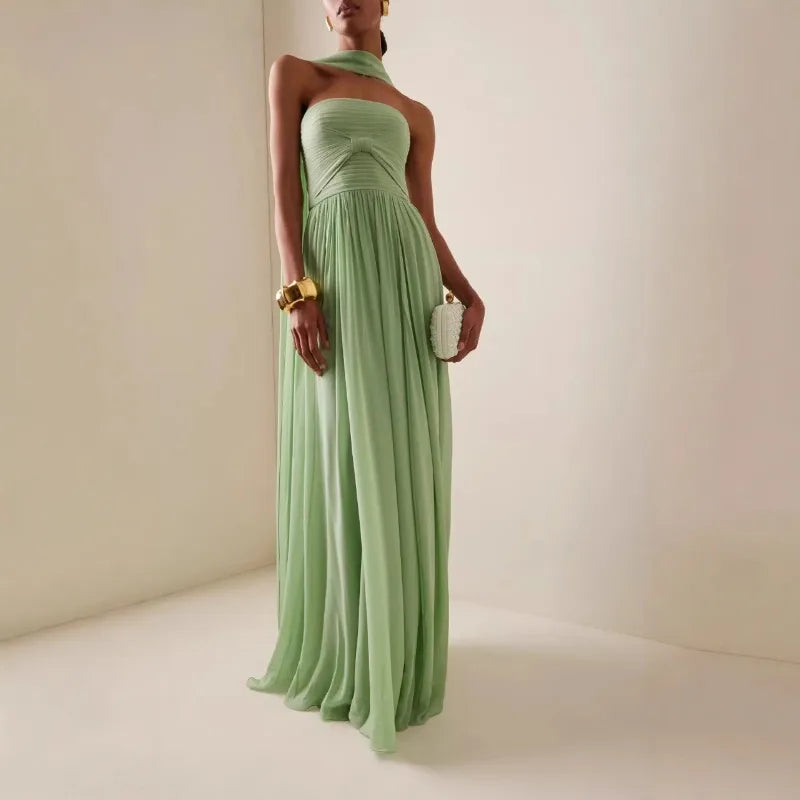 Alina Gold Pleated Halter Maxi Dress