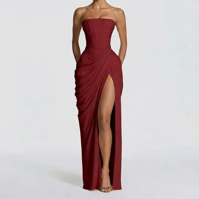 Elise Strapless Pleated Slit Maxi Dress