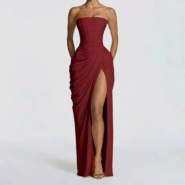 Elise Strapless Pleated Slit Maxi Dress