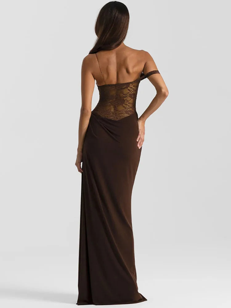 Valentina Cocoa Lace Draped Maxi Dress