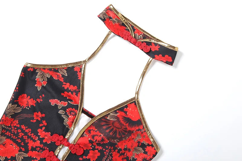 Wanda Red Floral Halter Plunge Cut-Out Bodycon Mini Dress