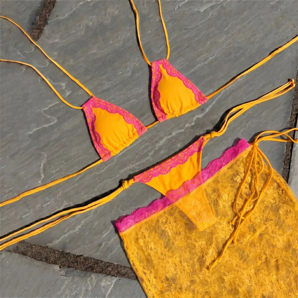 Henrika Lace Triangle Micro Bikini & Sarong Three-piece