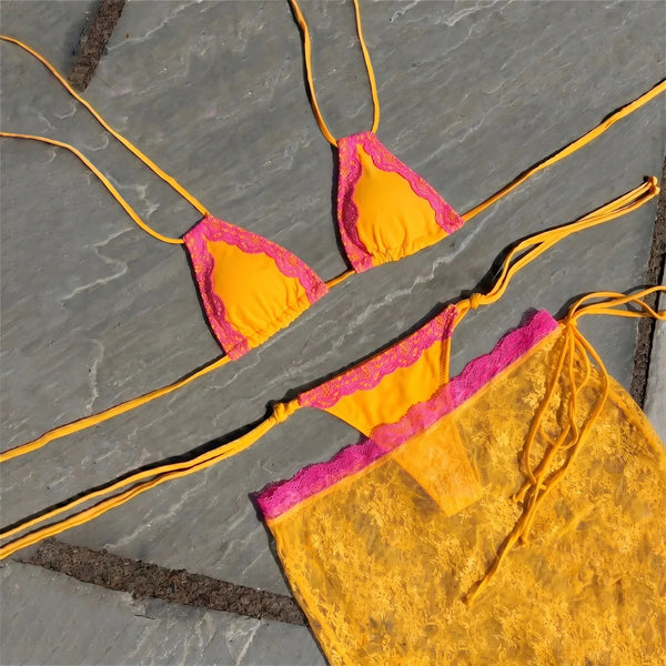 Henrika Lace Triangle Micro Bikini & Sarong Three-piece
