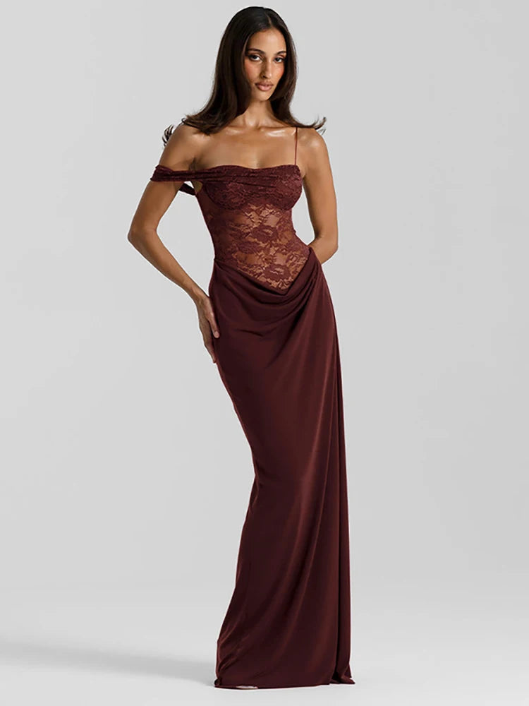 Valentina Cocoa Lace Draped Maxi Dress