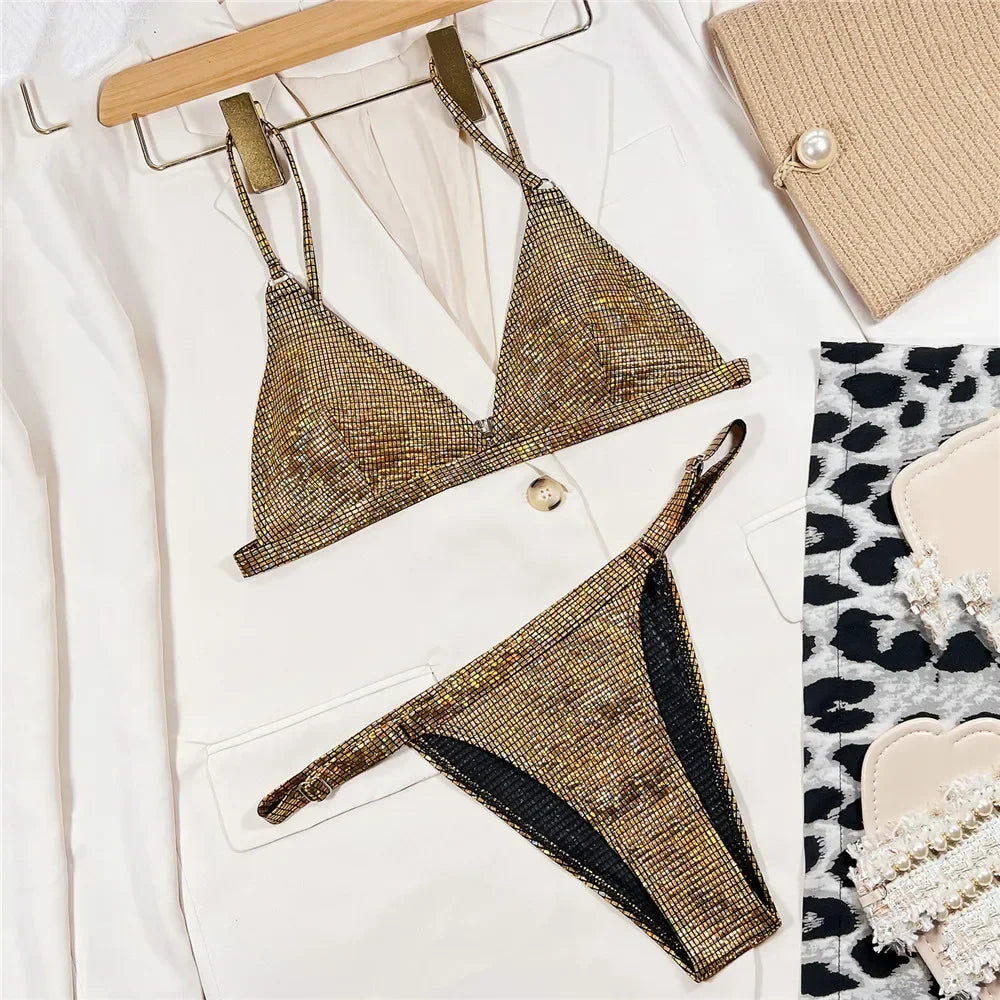 Aurelia Metallic Triangle Thong Bikini Two-piece