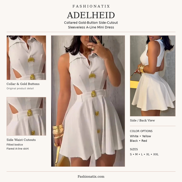 Adelheid original product photos: collar, gold buttons, side waist cutouts and side-back view; White, Yellow, Black and Red; sizes S–XXL