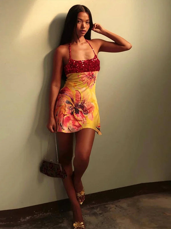 Alessia Sequin Print Halter Mini Skirt Set Two-piece