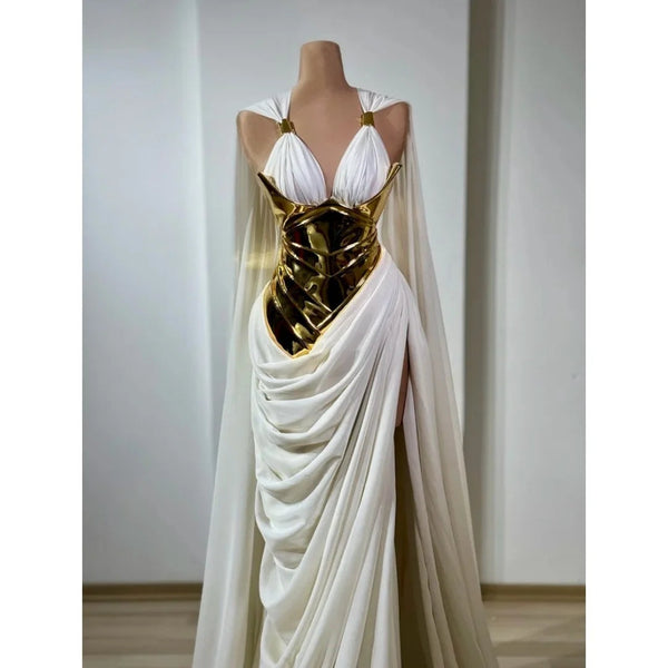 Vittoria Gold Metallic Halter Ruched Cape Maxi Dress