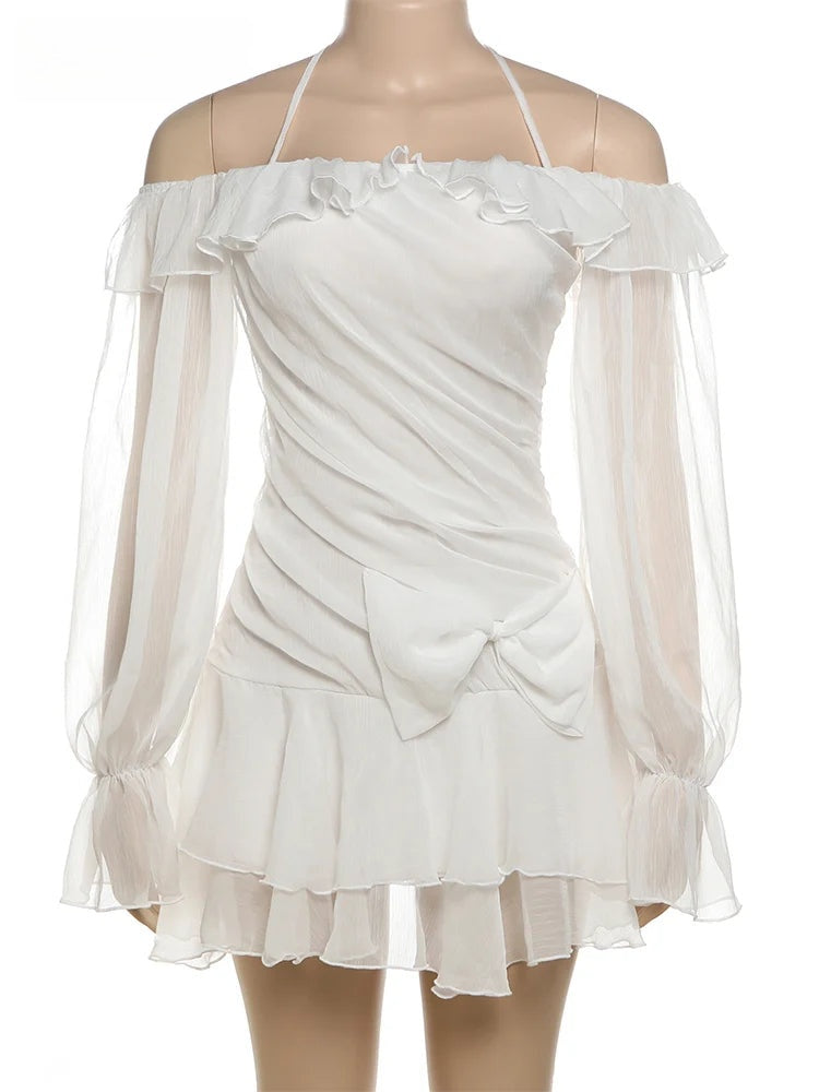 Aurelia White Lace-Up Ruffle Flare-Sleeve Mini Dress