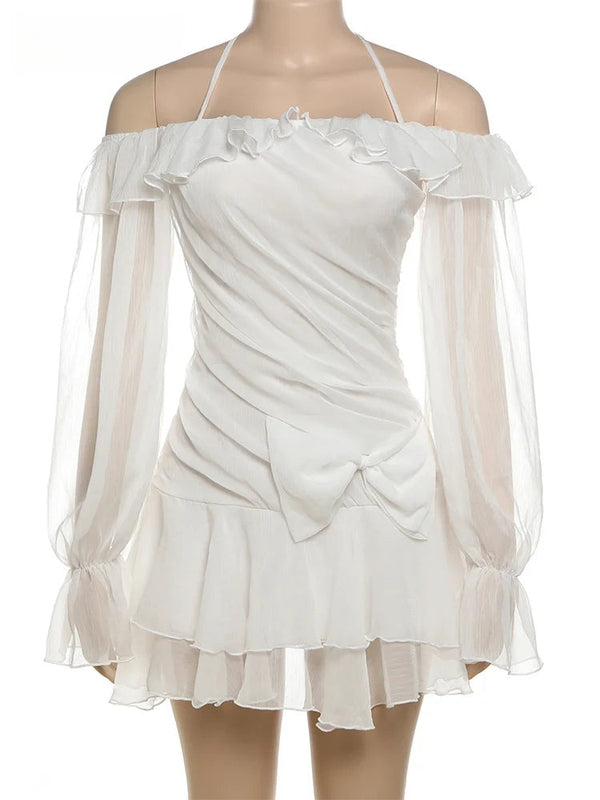 Aurelia White Lace-Up Ruffle Flare-Sleeve Mini Dress