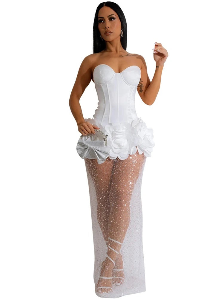 Camellia 3D Floral Sequin High-Slit Maxi Dress