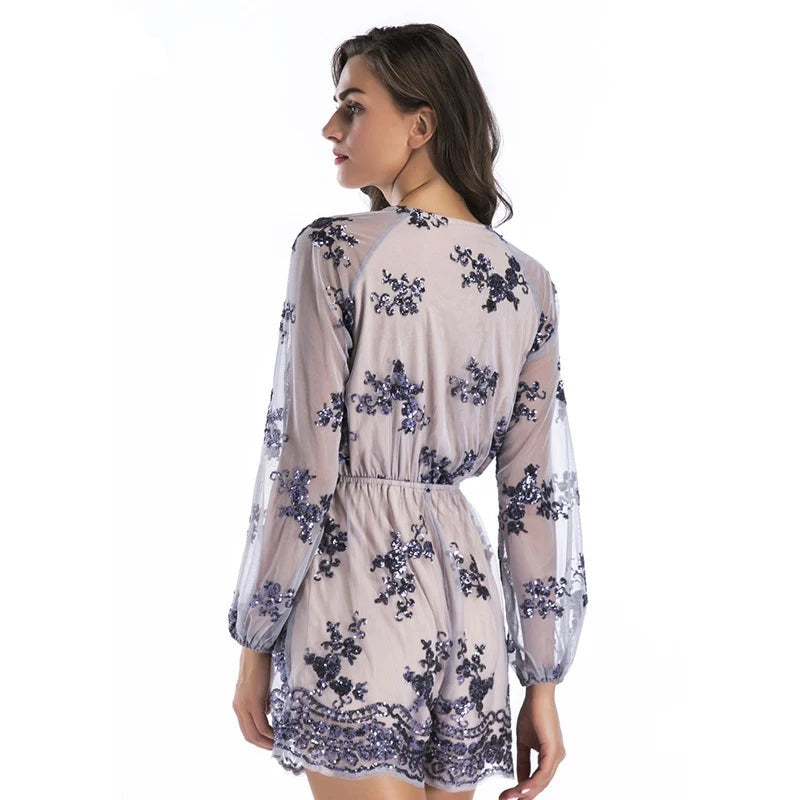 Davina Long-Sleeve Sequin Playsuit One-piece