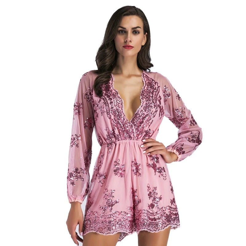 Davina Long-Sleeve Sequin Playsuit One-piece