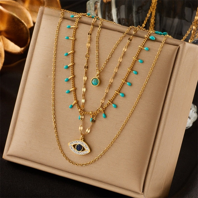 Emerald Eye Layered Stainless Steel Necklace Main image
