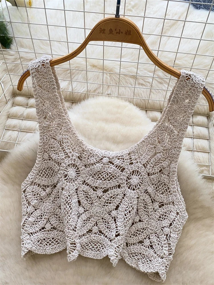 Florienne Crochet Floral Crop Top & Wide-Leg Shorts Two-piece