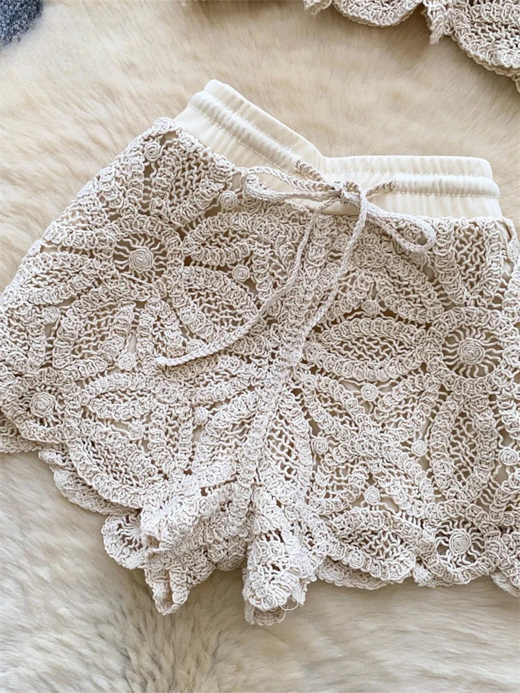 Florienne Crochet Floral Crop Top & Wide-Leg Shorts Two-piece