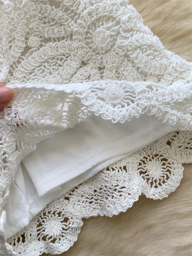 Florienne Crochet Floral Crop Top & Wide-Leg Shorts Two-piece