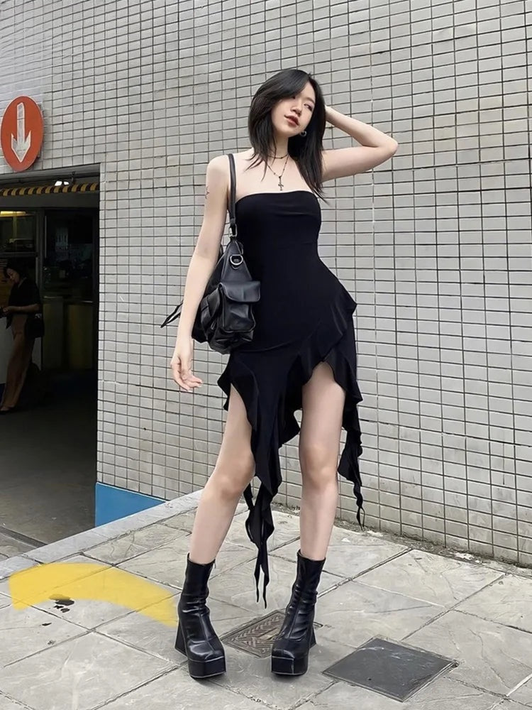 Irina Black Asymmetrical Strapless Midi Dress