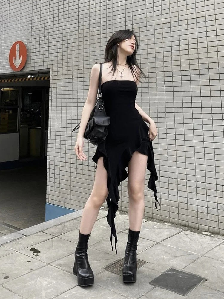 Irina Black Asymmetrical Strapless Midi Dress