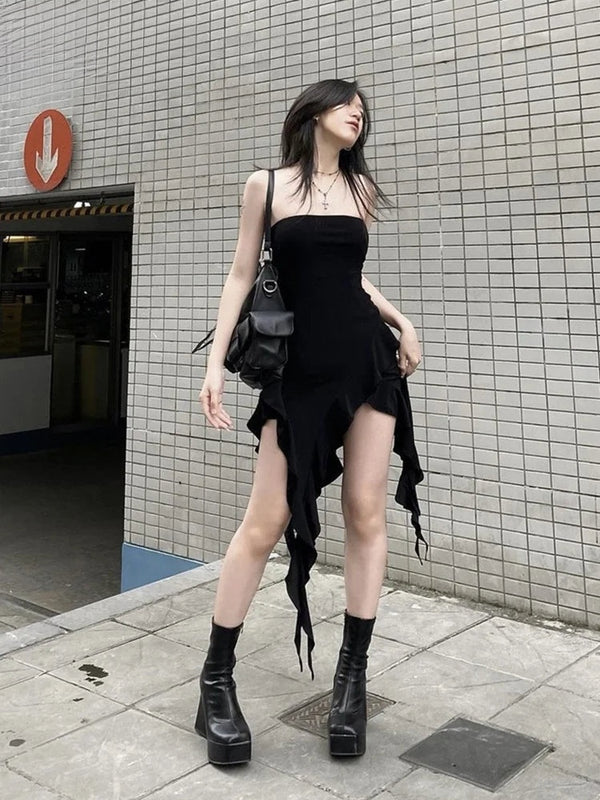 Irina Black Asymmetrical Strapless Midi Dress