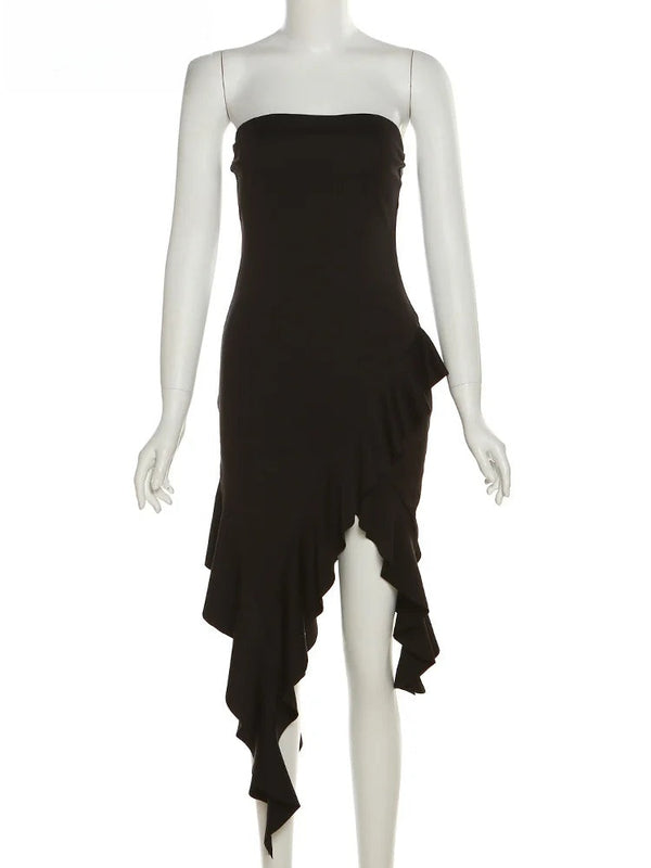 Irina Black Asymmetrical Strapless Midi Dress
