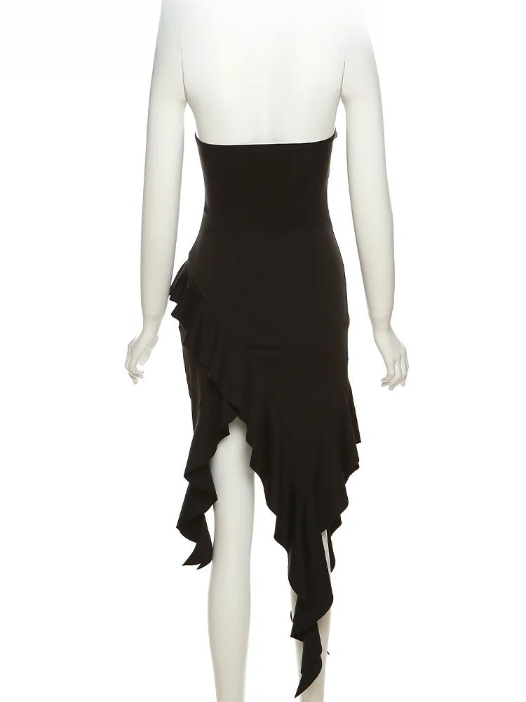 Irina Black Asymmetrical Strapless Midi Dress