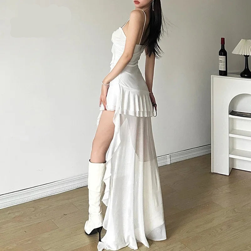 Isolde High-Low Ruffle Mesh Maxi Dress