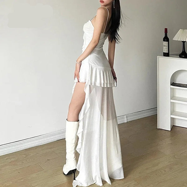 Isolde High-Low Ruffle Mesh Maxi Dress