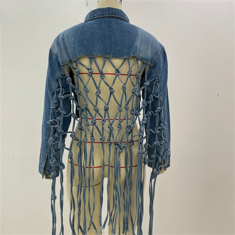 Jessamine Fringed Back-Cutout Cropped Denim Jacket One-piece