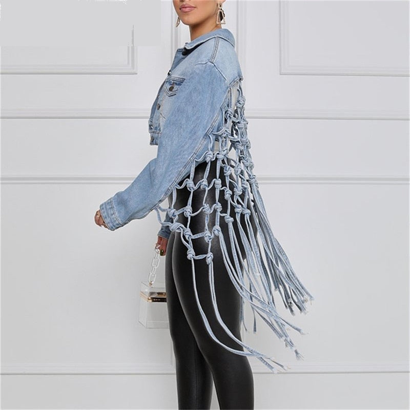 Jessamine Fringed Back-Cutout Cropped Denim Jacket One-piece