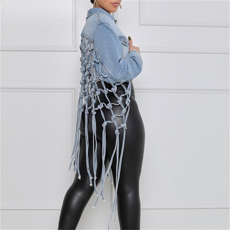 Jessamine Fringed Back-Cutout Cropped Denim Jacket One-piece