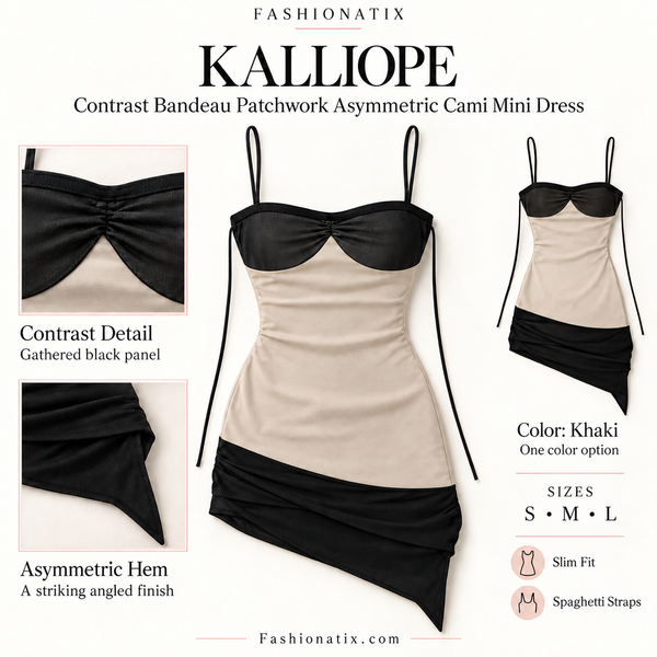 Fashionatix Kalliope mini dress: contrast bandeau, asymmetric hem, Khaki color option, sizes S, M and L