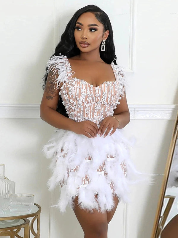 Leonora Pearl Feather-Strap Bodycon Midi Dress