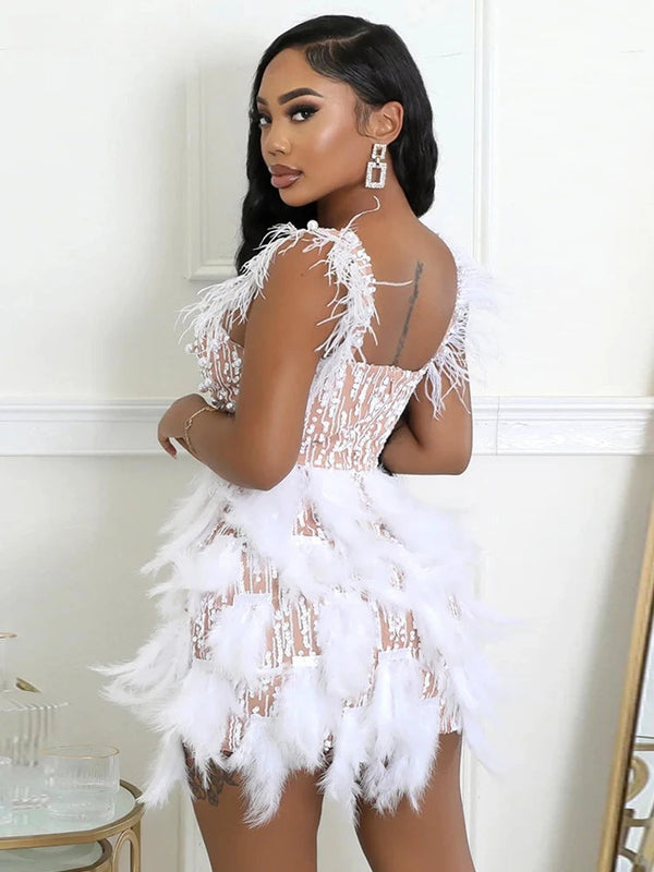 Leonora Pearl Feather-Strap Bodycon Midi Dress