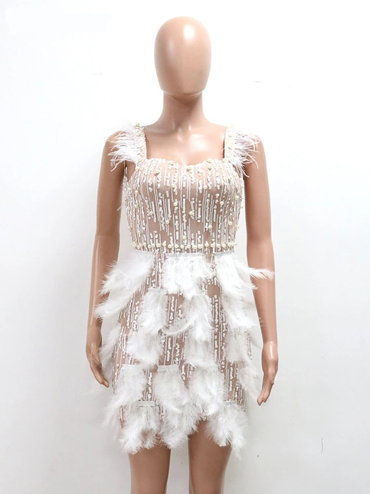 Leonora Pearl Feather-Strap Bodycon Midi Dress