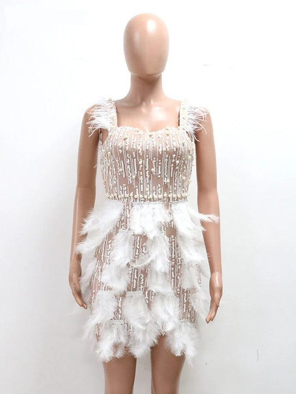 Leonora Pearl Feather-Strap Bodycon Midi Dress
