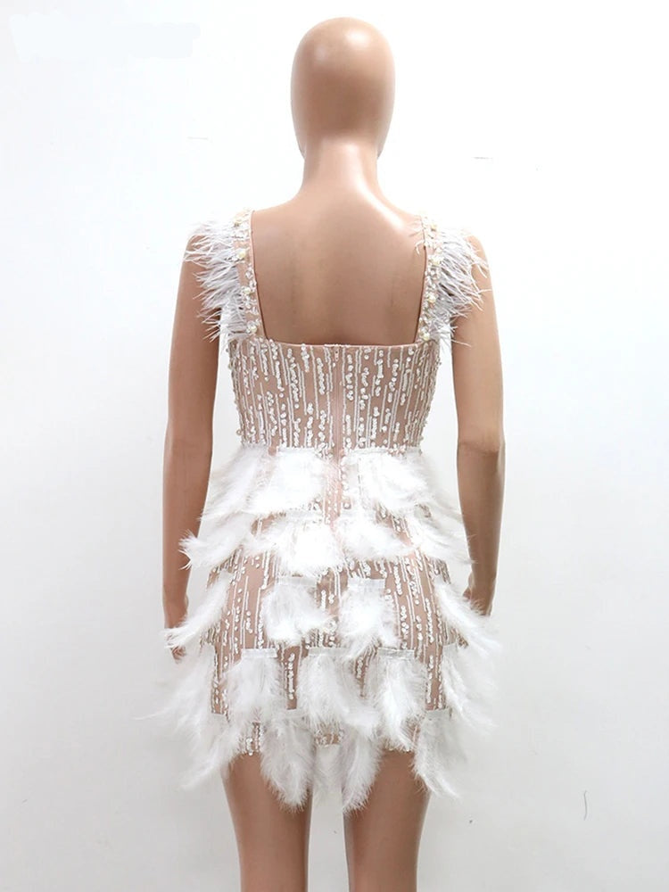 Leonora Pearl Feather-Strap Bodycon Midi Dress