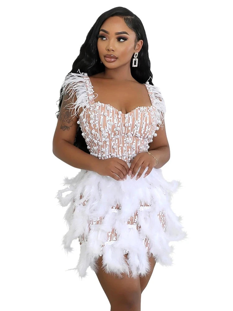 Leonora Pearl Feather-Strap Bodycon Midi Dress