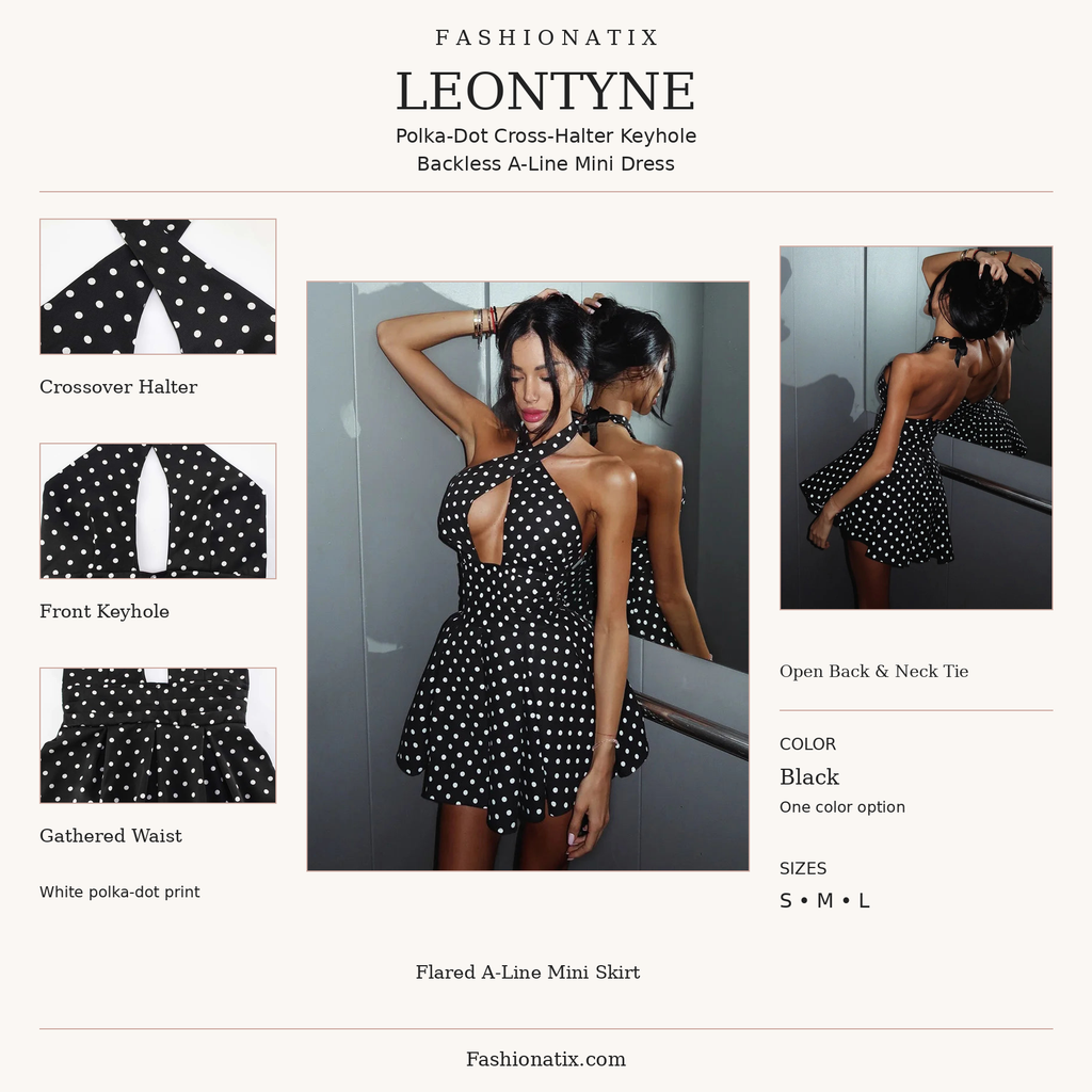Leontyne original product photo infographic: crossover halter, keyhole, gathered waist, open back; Black; sizes S M L