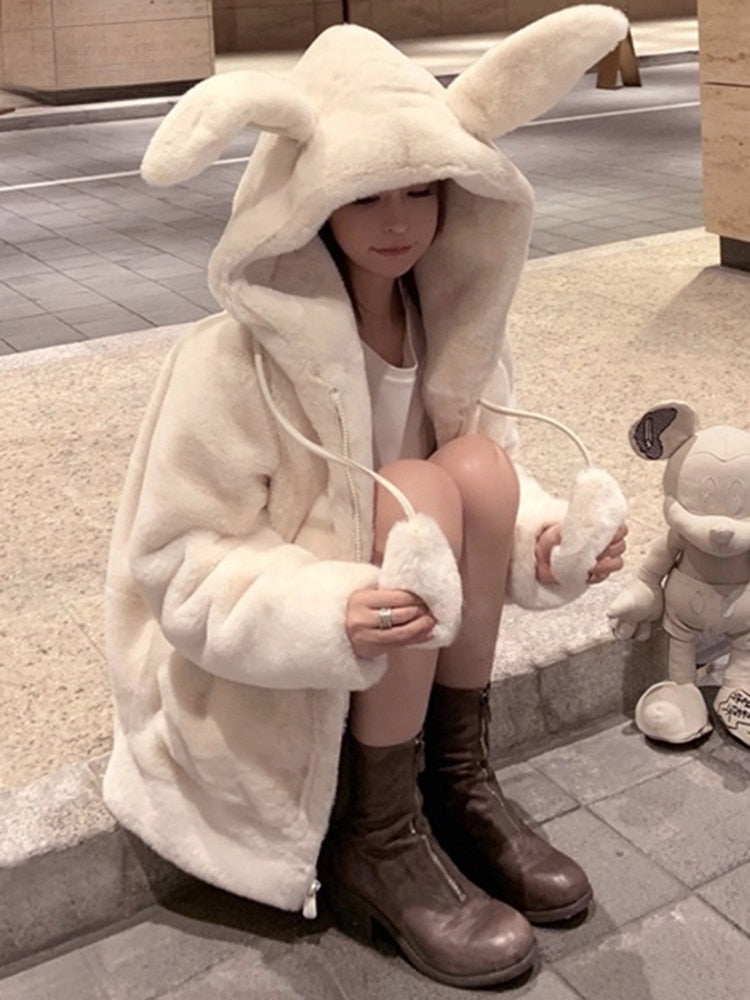 Lumi Rabbit-Ear Faux-Fur Zip Hoodie One-piece