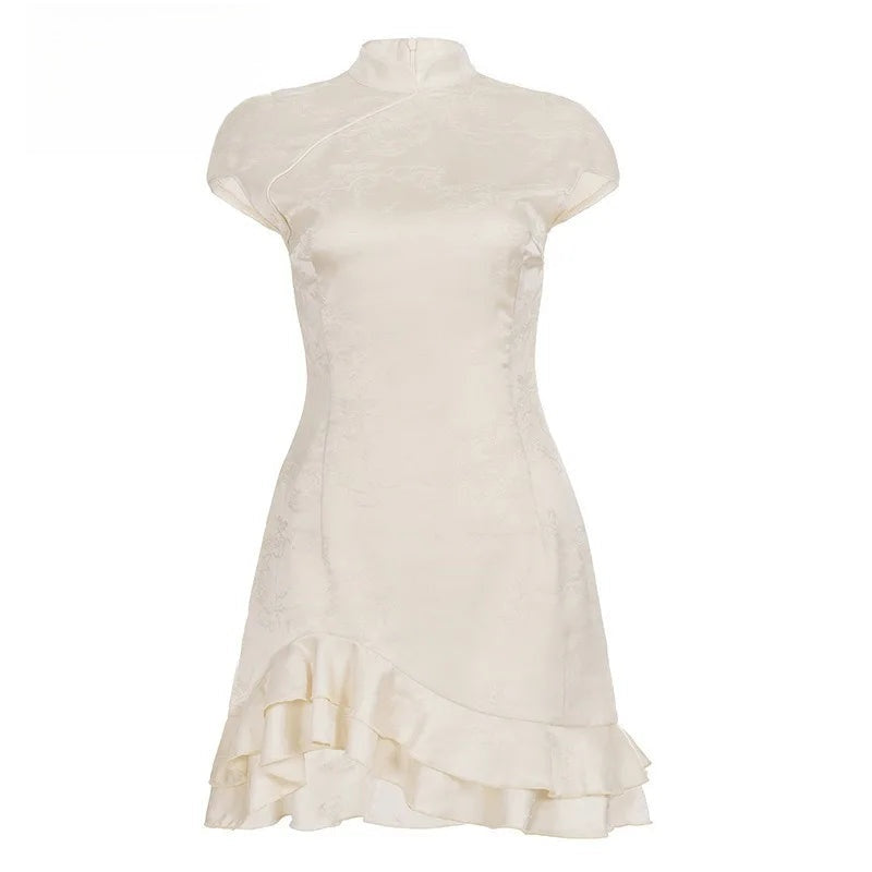 Meilin Apricot Jacquard Ruffle Cheongsam Mini Dress