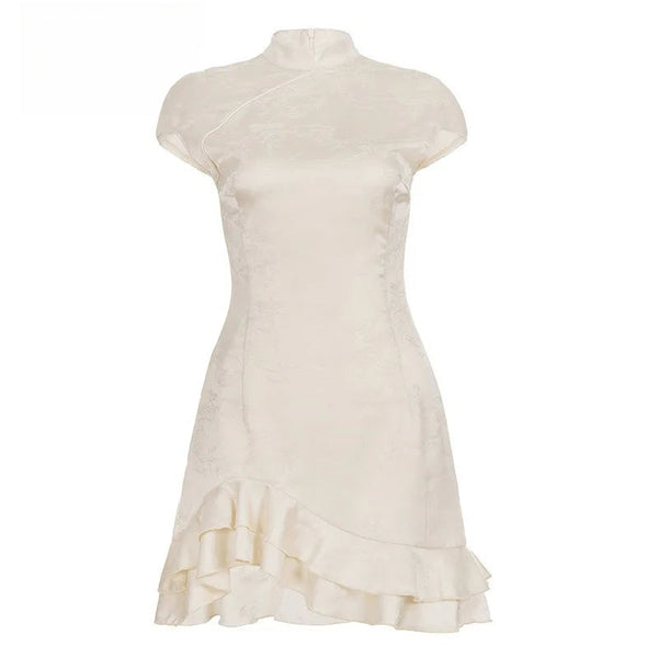 Meilin Apricot Jacquard Ruffle Cheongsam Mini Dress