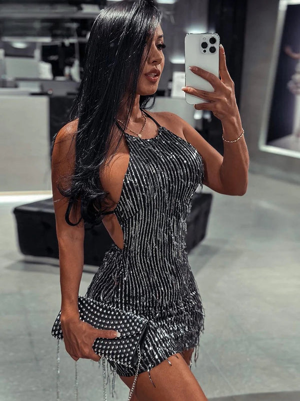 Mireya Shimmer Fringe Halter Mini Dress